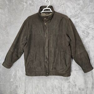 St Johns Bay Mens L Brown Suede Polyester Bomber Jacket Full Zip Casual Workwear